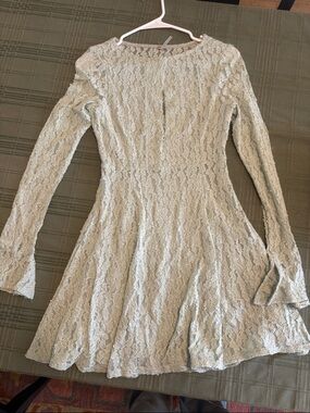 Free People Lace Long Sleeve Fit-and-Flare Dress in Sage Green